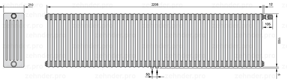 Схема (чертеж) Радиатор Zehnder Charleston 6110/48 №V008 Белый глянцевый RAL 9016